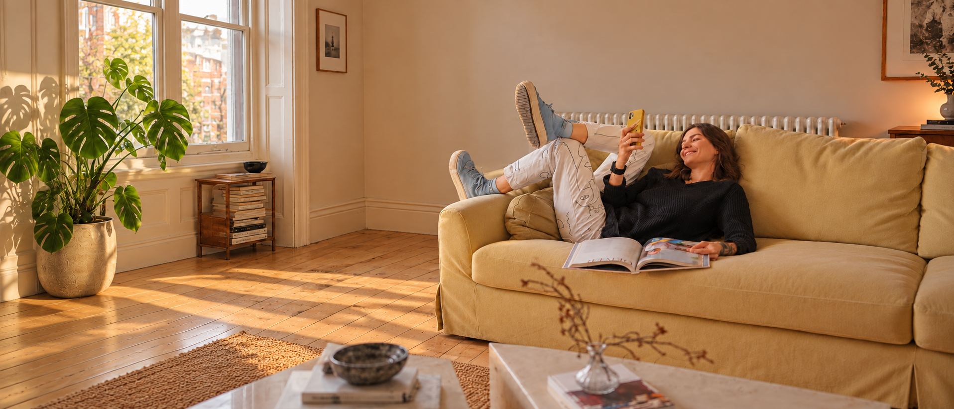 Pessoa relaxando em casa com seu imóvel garantido